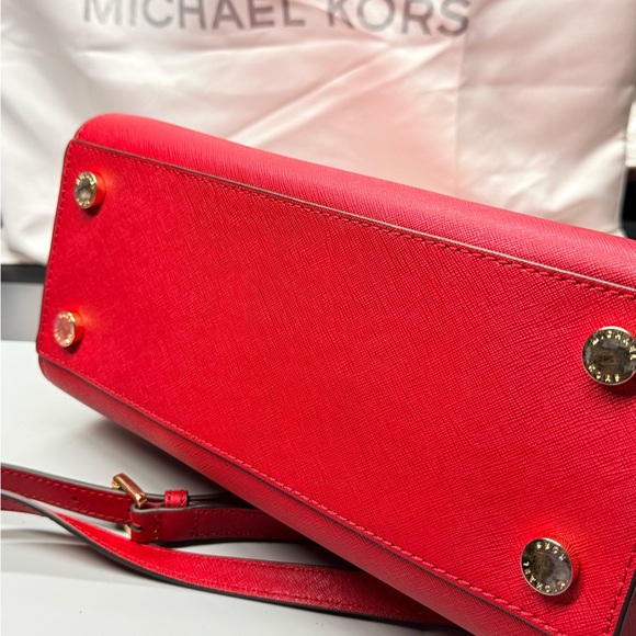 Michael Kors Red Satchel Top Handle Bag & Strap Wallet Set Gold Hardware - Picture 9 of 11